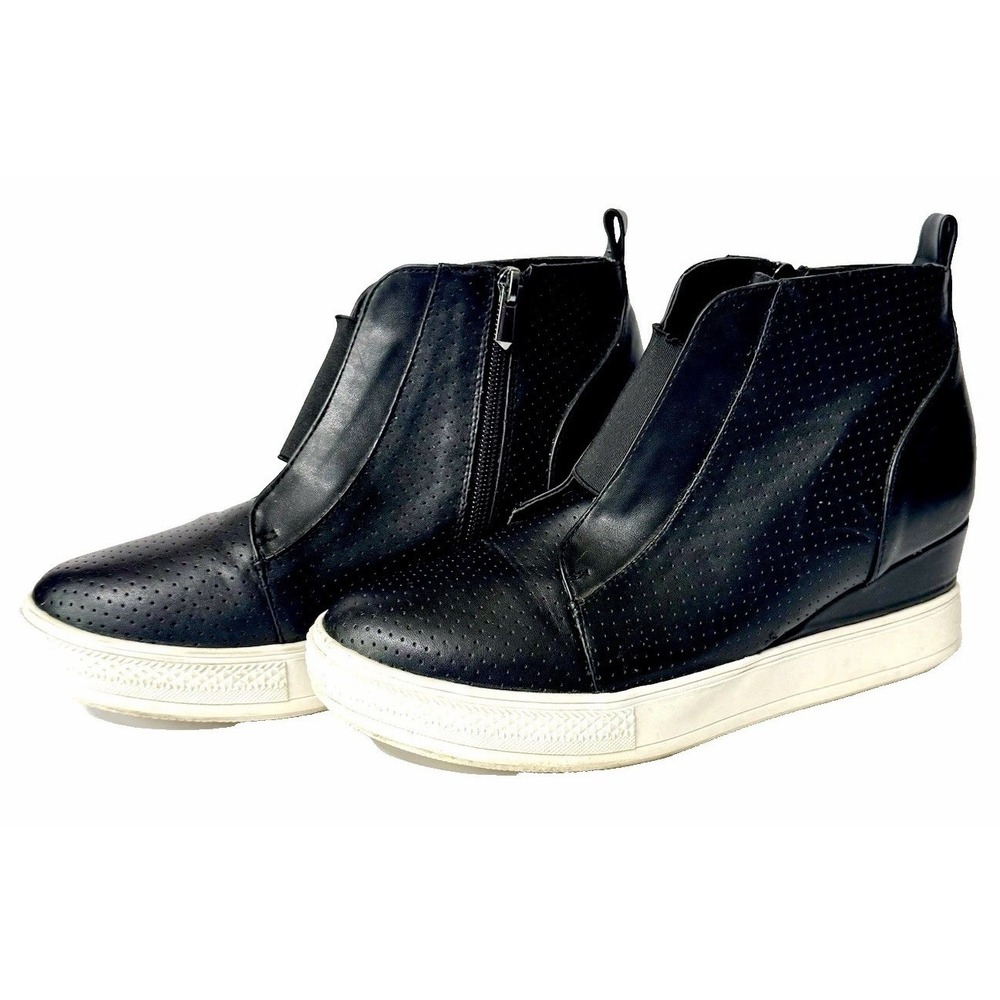 Wanted Women's 10 Black Leather Wedge Sneaker Boots Side Zip Ankle Booties